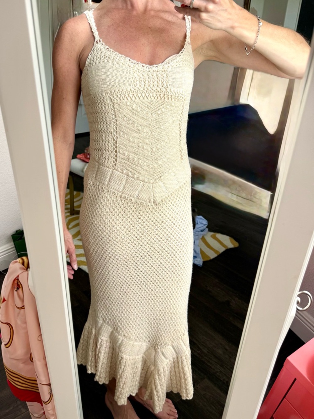Moda International Crochet Knit Mermaid Hem Midi Dress S Boho Coastal - Picture 3 of 13